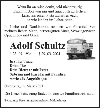 Traueranzeige von Adolf Schultz  von Magdeburger Volksstimme
