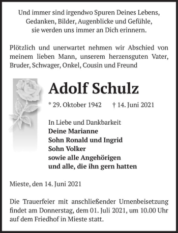 Traueranzeige von Adolf Schulz  von Magdeburger Volksstimme