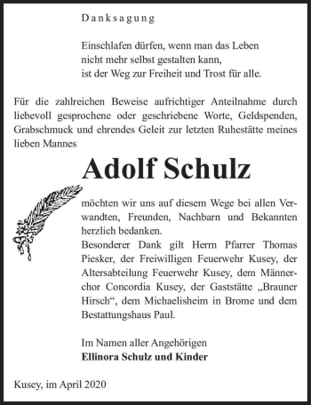 Traueranzeige von Adolf Schulz  von Magdeburger Volksstimme