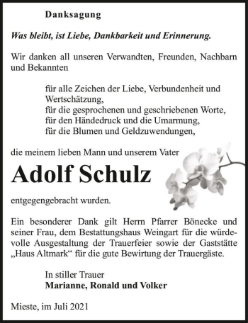 Traueranzeige von Adolf Schulz  von Magdeburger Volksstimme