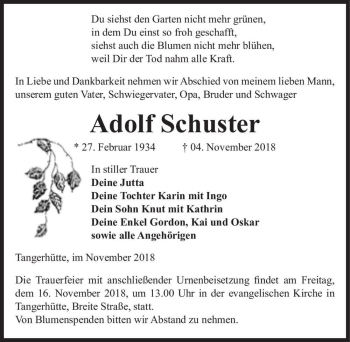 Traueranzeige von Adolf Schuster  von Magdeburger Volksstimme
