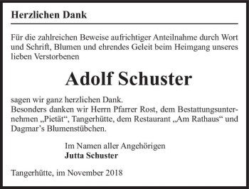 Traueranzeige von Adolf Schuster  von Magdeburger Volksstimme
