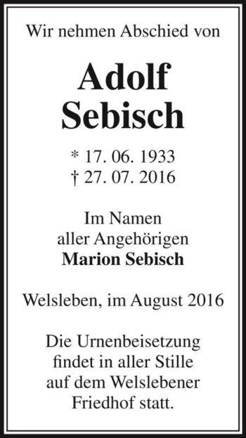 Traueranzeige von Adolf Sebisch  von Magdeburger Volksstimme