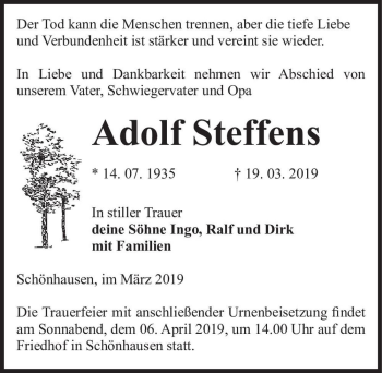 Traueranzeige von Adolf Steffens  von Magdeburger Volksstimme