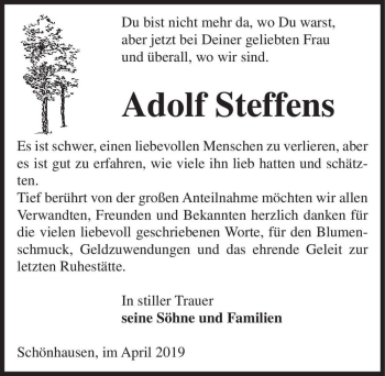 Traueranzeige von Adolf Steffens  von Magdeburger Volksstimme