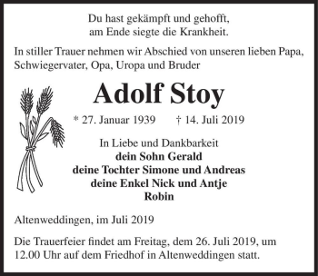 Traueranzeige von Adolf Stoy  von Magdeburger Volksstimme
