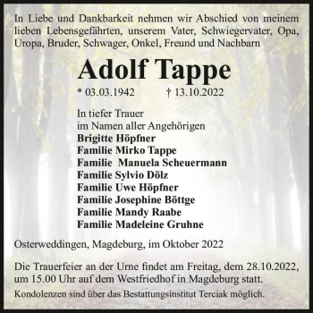 Traueranzeige von Adolf Tappe  von Magdeburger Volksstimme