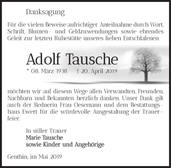 Traueranzeige von Adolf Tausche  von Magdeburger Volksstimme