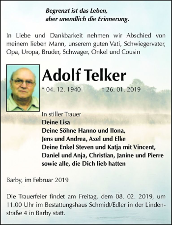 Traueranzeige von Adolf Telker  von Magdeburger Volksstimme