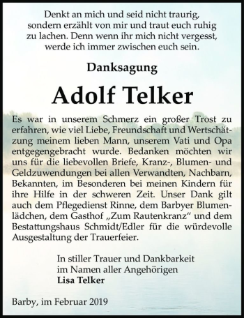 Traueranzeige von Adolf Telker  von Magdeburger Volksstimme