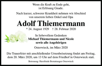 Traueranzeige von Adolf Thiemermann  von Magdeburger Volksstimme