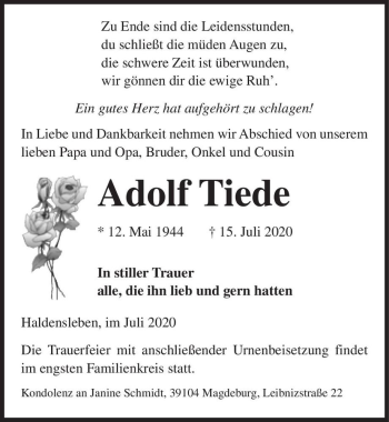 Traueranzeige von Adolf Tiede  von Magdeburger Volksstimme