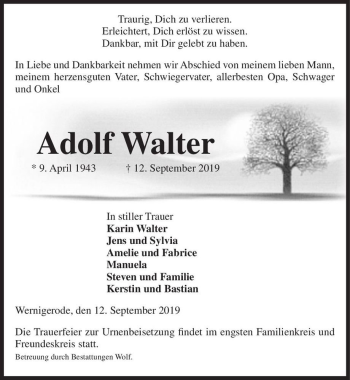 Traueranzeige von Adolf Walter  von Magdeburger Volksstimme