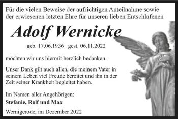 Traueranzeige von Adolf Wernicke  von Magdeburger Volksstimme