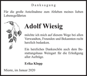 Traueranzeige von Adolf Wiesig  von Magdeburger Volksstimme