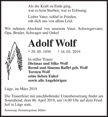 Traueranzeige von Adolf Wolf  von Magdeburger Volksstimme