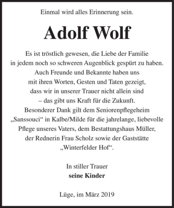 Traueranzeige von Adolf Wolf  von Magdeburger Volksstimme