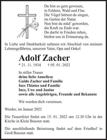 Traueranzeige von Adolf Zacher  von Magdeburger Volksstimme