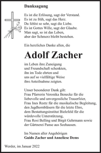 Traueranzeige von Adolf Zacher  von Magdeburger Volksstimme