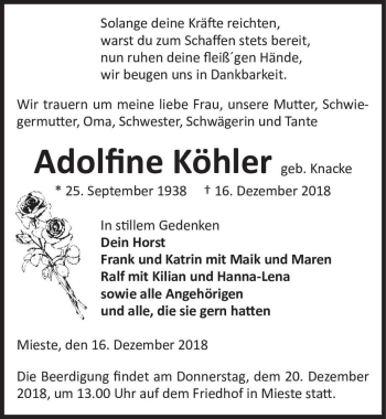 Traueranzeige von Adolfine Köhler (geb. Knacke)  von Magdeburger Volksstimme