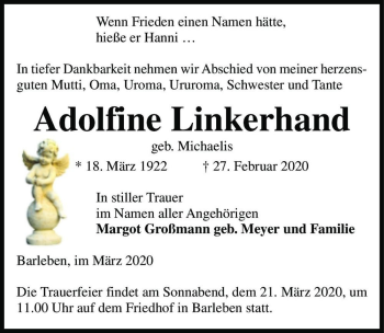 Traueranzeige von Adolfine Linkerhand (geb. Michaelis)  von Magdeburger Volksstimme