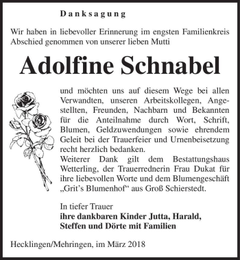 Traueranzeige von Adolfine Schnabel  von Magdeburger Volksstimme