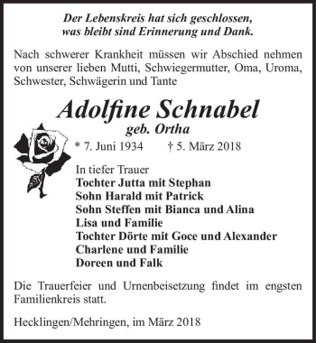 Traueranzeige von Adolfine Schnabel (geb. Ortha)  von Magdeburger Volksstimme