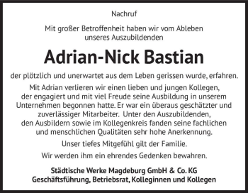 Traueranzeige von Adrian - Nick Bastian  von Magdeburger Volksstimme