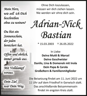 Traueranzeige von Adrian - Nick Bastian  von Magdeburger Volksstimme