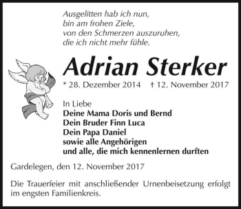 Traueranzeige von Adrian Sterker  von Magdeburger Volksstimme