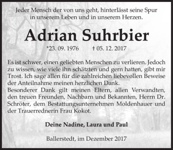 Traueranzeige von Adrian Suhrbier  von Magdeburger Volksstimme