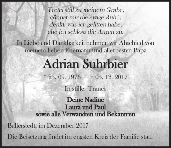 Traueranzeige von Adrian Suhrbier  von Magdeburger Volksstimme