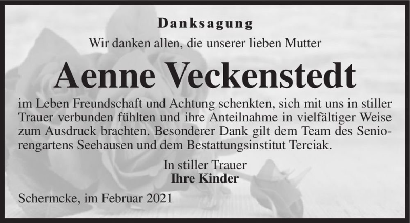  Traueranzeige für Aenne Veckenstedt  vom 27.02.2021 aus Magdeburger Volksstimme