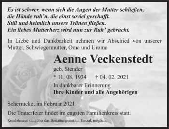Traueranzeige von Aenne Veckenstedt (geb. Stender)  von Magdeburger Volksstimme