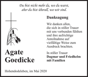 Traueranzeige von Agate Goedicke  von Magdeburger Volksstimme