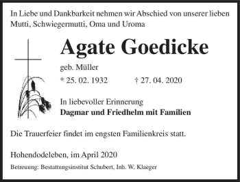Traueranzeige von Agate Goedicke (geb. Müller)  von Magdeburger Volksstimme