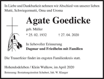 Traueranzeige von Agate Goedicke (geb. Müller)  von Magdeburger Volksstimme