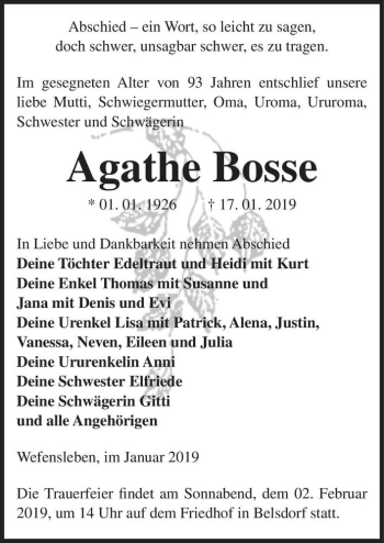 Traueranzeige von Agathe Bosse  von Magdeburger Volksstimme