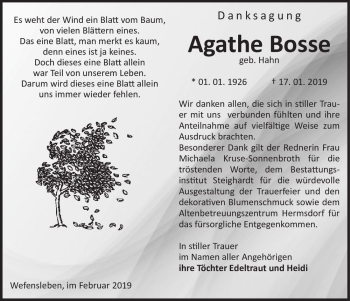 Traueranzeige von Agathe Bosse (geb. Hahn)  von Magdeburger Volksstimme