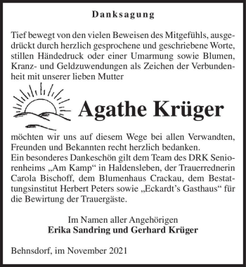 Traueranzeige von Agathe Krüger  von Magdeburger Volksstimme