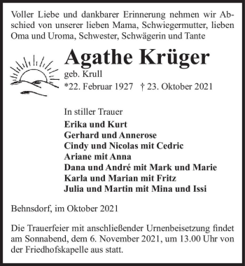 Traueranzeige von Agathe Krüger (geb. Krull)  von Magdeburger Volksstimme