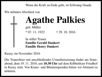 Traueranzeige von Agathe Palkies (geb. Müller)  von Magdeburger Volksstimme