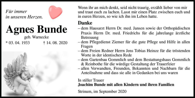  Traueranzeige für Agnes Bunde (geb. Warnecke)  vom 12.09.2020 aus Magdeburger Volksstimme