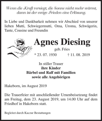 Traueranzeige von Agnes Diesing (geb. Fries)  von Magdeburger Volksstimme