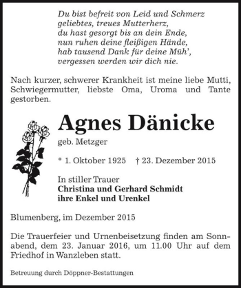Traueranzeige von Agnes Dänicke (geb. Metzger)  von Magdeburger Volksstimme