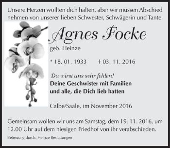 Traueranzeige von Agnes Focke (geb. Heinze)  von Magdeburger Volksstimme