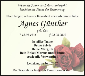 Traueranzeige von Agnes Günther (geb. Lau)  von Magdeburger Volksstimme