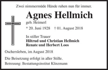 Traueranzeige von Agnes Hellmich (geb. Heimerl)  von Magdeburger Volksstimme