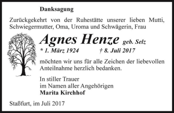 Traueranzeige von Agnes Henze (geb. Selz)  von Magdeburger Volksstimme