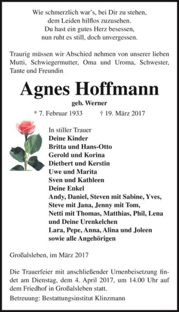 Traueranzeige von Agnes Hoffmann (geb. Werner)  von Magdeburger Volksstimme